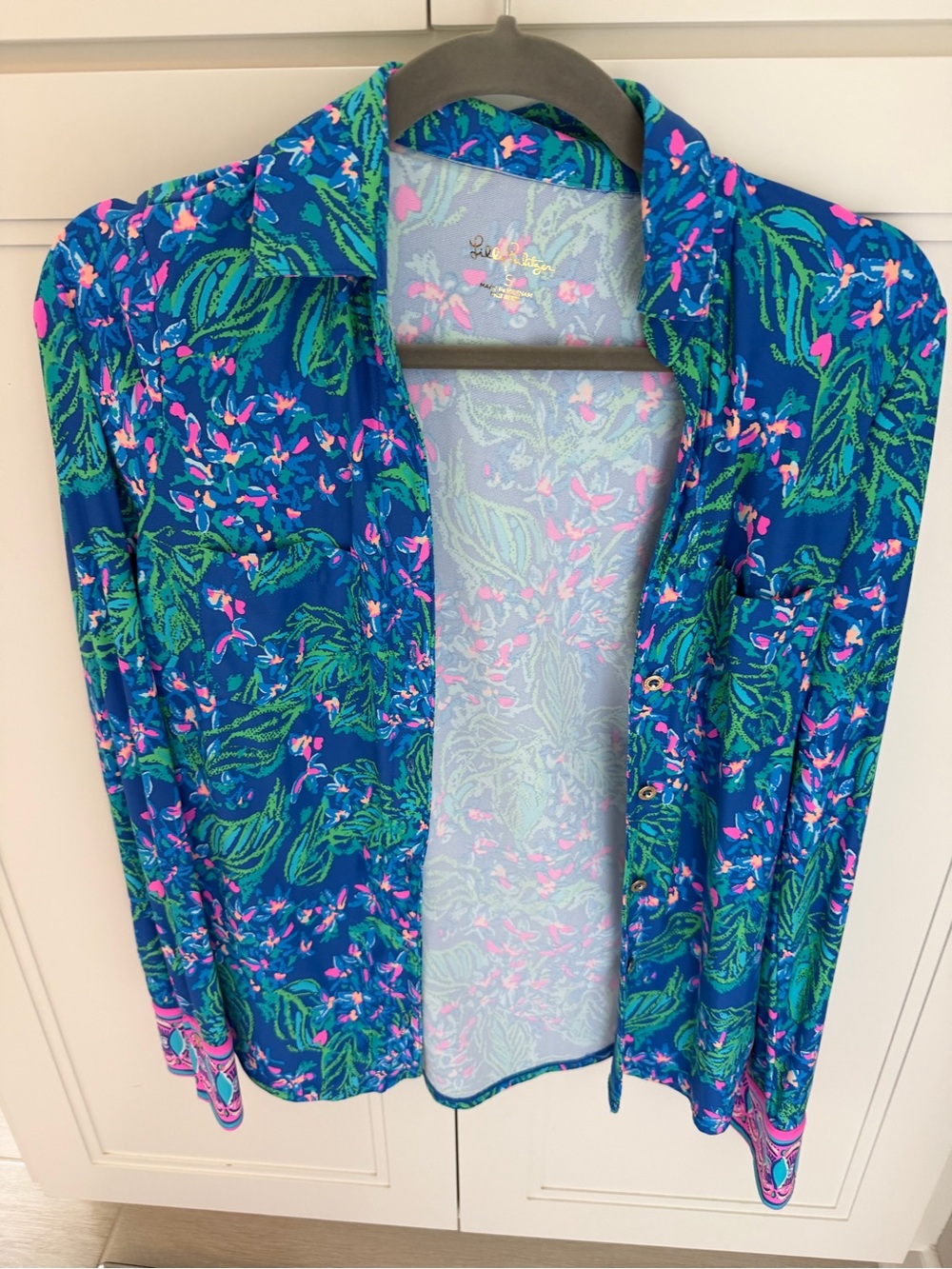 Lilly Pulitzer Blue Floral Open Cardigan with Pink & Green Print